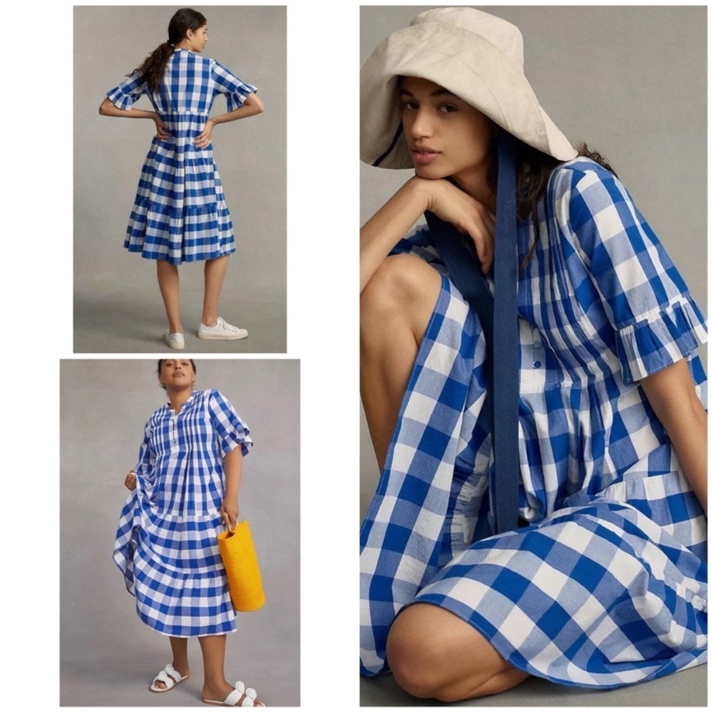 NWTs WHIT TWO ~ Anthropologie | Gingham Tiered Blue/White Midi Dress Size Small
